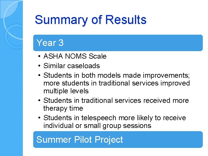 Summary of Results Year 3 • ASHA NOMS Scale • Similar caseloads • Students Summary of Results Year 3 • ASHA NOMS Scale • Similar caseloads • Students