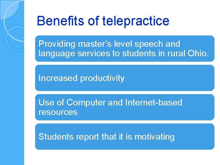 Benefits of telepractice Providing master’s level speech and language services to students in rural Benefits of telepractice Providing master’s level speech and language services to students in rural