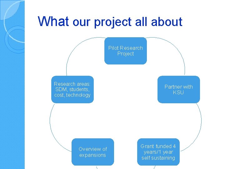 What our project all about Pilot Research Project Research areas: SDM, students, cost, technology What our project all about Pilot Research Project Research areas: SDM, students, cost, technology