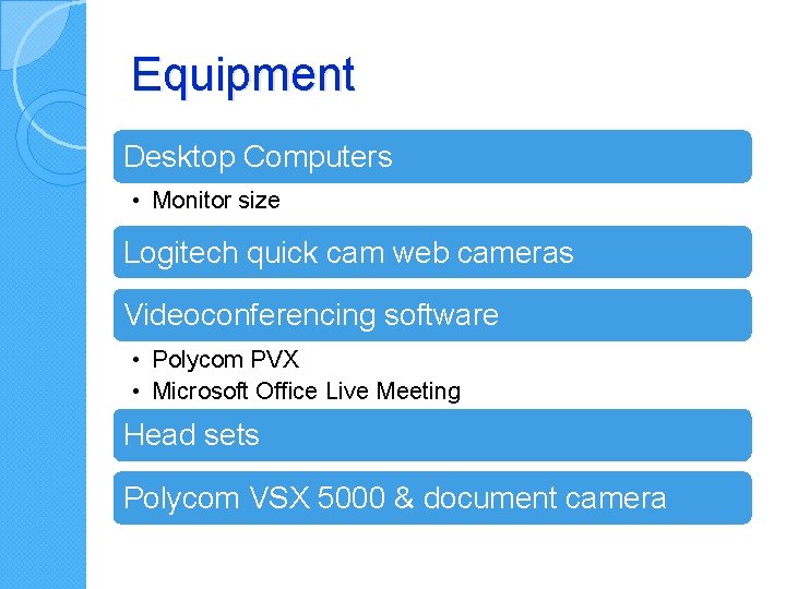 Equipment Desktop Computers • Monitor size Logitech quick cam web cameras Videoconferencing software • Equipment Desktop Computers • Monitor size Logitech quick cam web cameras Videoconferencing software •