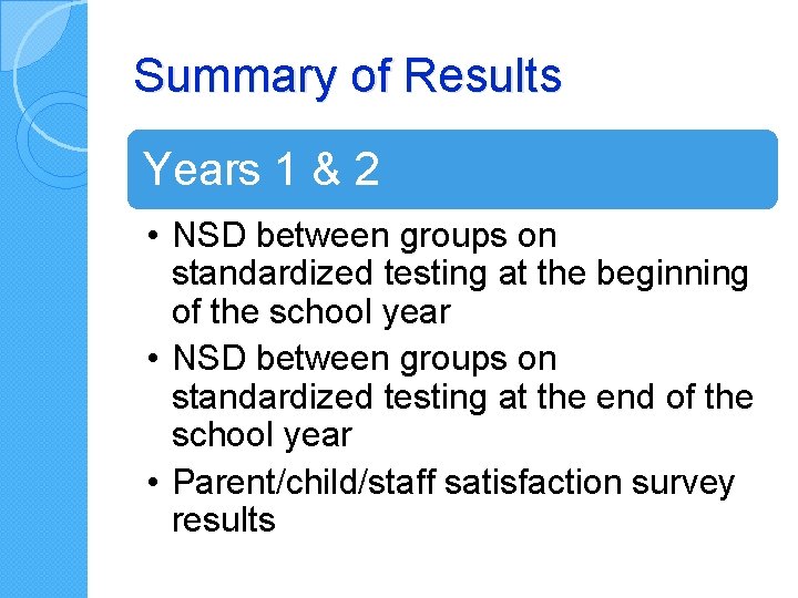 Summary of Results Years 1 & 2 • NSD between groups on standardized testing Summary of Results Years 1 & 2 • NSD between groups on standardized testing