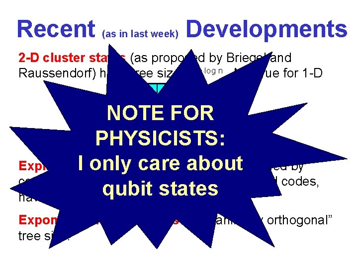 Recent (as in last week) Developments 2 -D cluster states (as proposed by Briegel
