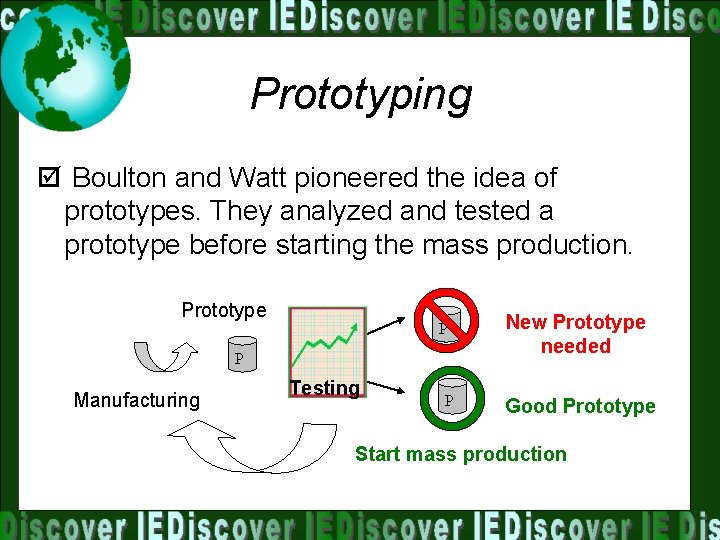 Prototyping þ Boulton and Watt pioneered the idea of prototypes. They analyzed and tested