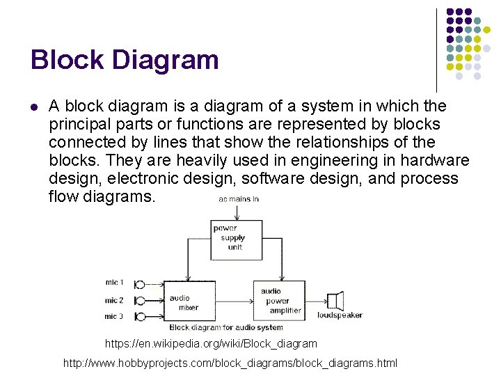 Block Diagram l A block diagram is a diagram of a system in which