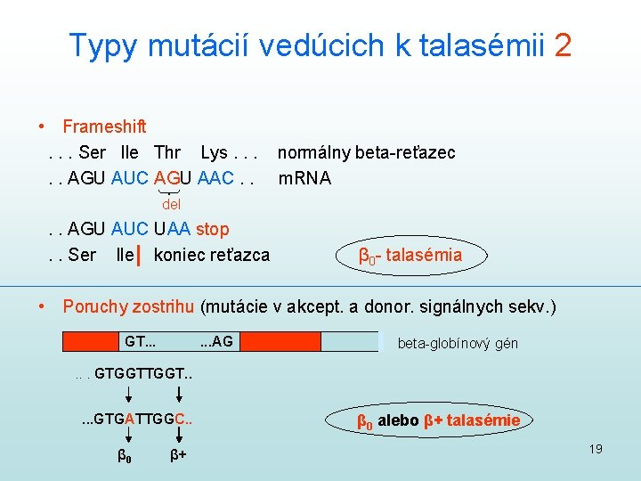 Typy mutácií vedúcich k talasémii 2 • Frameshift. . . Ser Ile Thr Lys.