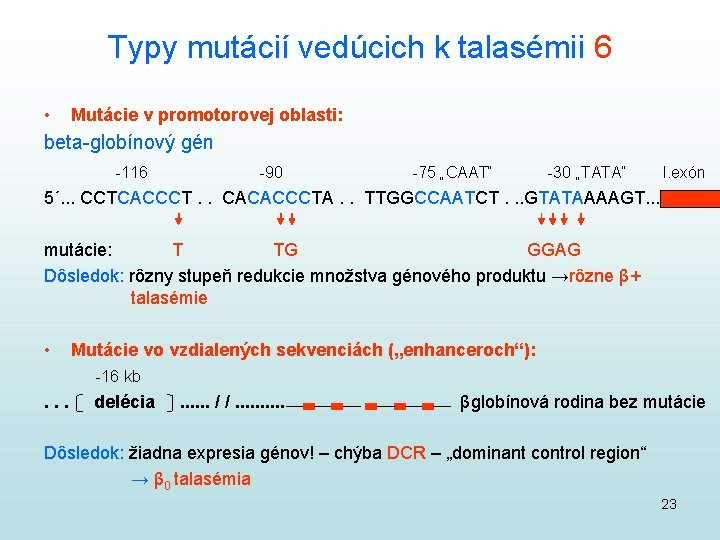 Typy mutácií vedúcich k talasémii 6 • Mutácie v promotorovej oblasti: beta-globínový gén -116