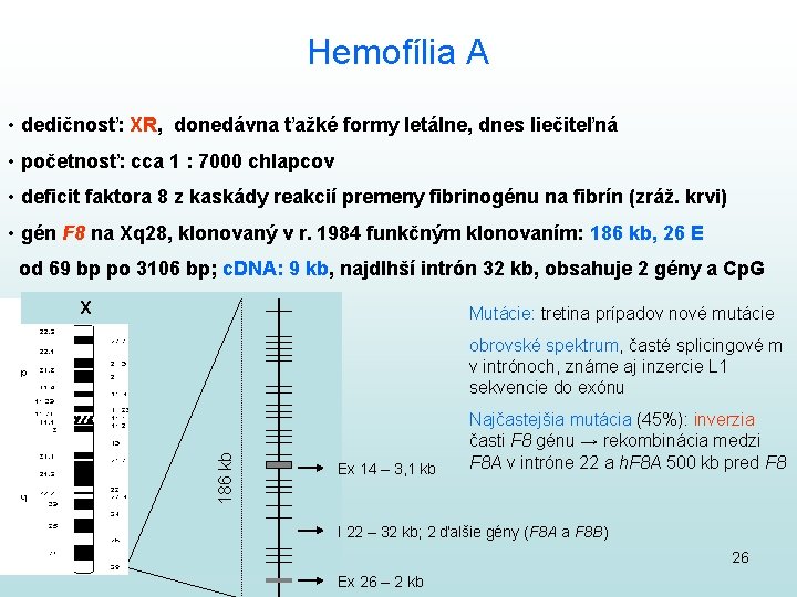 Hemofília A • dedičnosť: XR, donedávna ťažké formy letálne, dnes liečiteľná • početnosť: cca