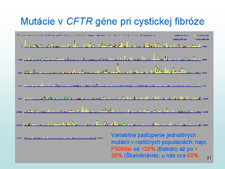 Mutácie v CFTR géne pri cystickej fibróze Variabilné zastúpenie jednotlivých mutácií v rozličných populáciách;