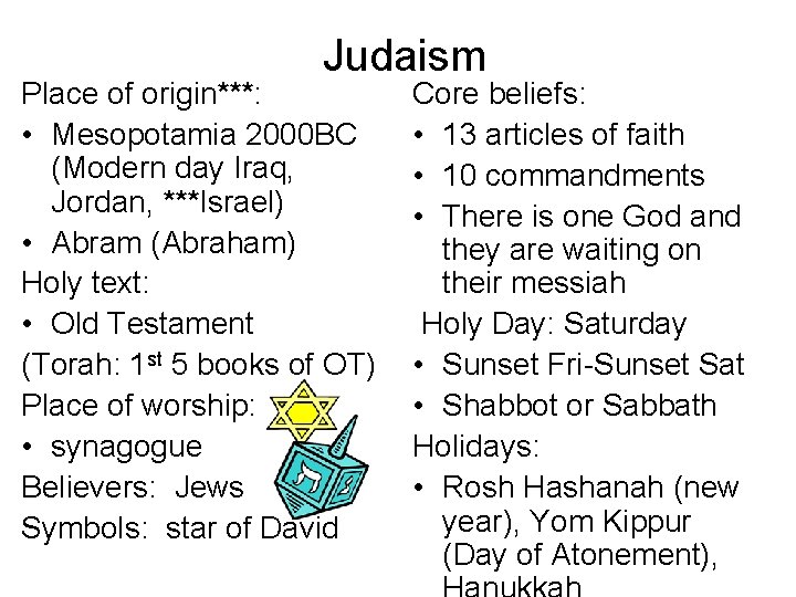 Judaism Place of origin***: • Mesopotamia 2000 BC (Modern day Iraq, Jordan, ***Israel) •