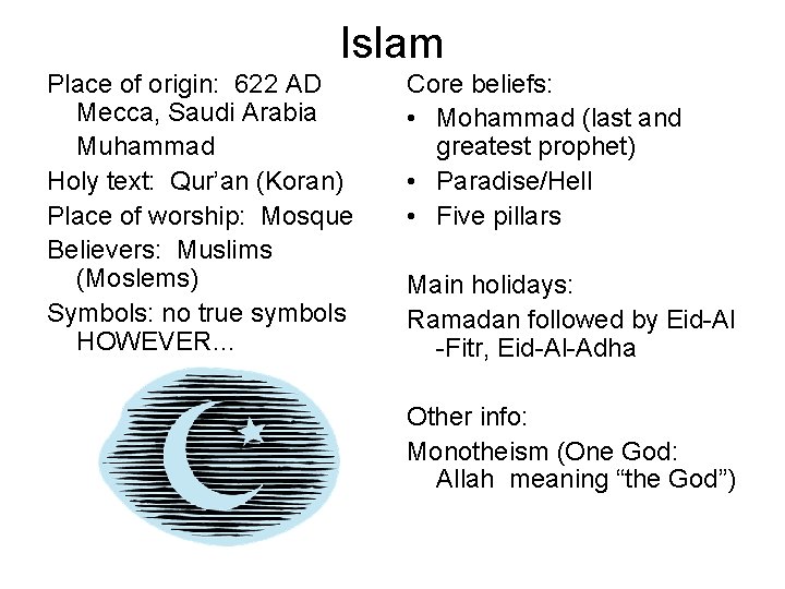 Islam Place of origin: 622 AD Mecca, Saudi Arabia Muhammad Holy text: Qur’an (Koran)