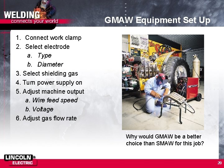 GMAW Equipment Set Up 1. Connect work clamp 2. Selectrode a. Type b. Diameter