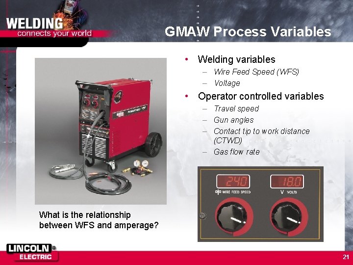 GMAW Process Variables • Welding variables – Wire Feed Speed (WFS) – Voltage •