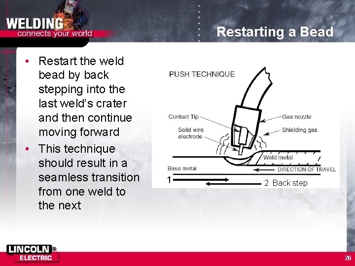 Restarting a Bead • Restart the weld bead by back stepping into the last