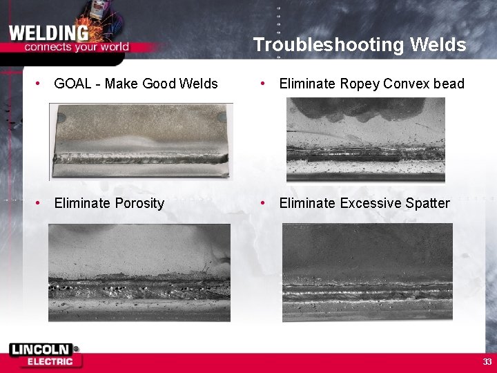 Troubleshooting Welds • GOAL - Make Good Welds • Eliminate Ropey Convex bead •