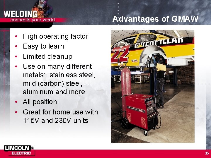 Advantages of GMAW • • High operating factor Easy to learn Limited cleanup Use