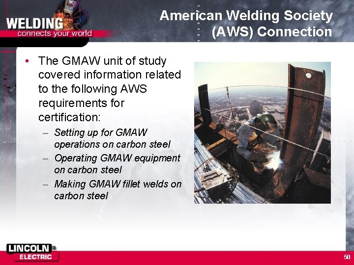 American Welding Society (AWS) Connection • The GMAW unit of study covered information related