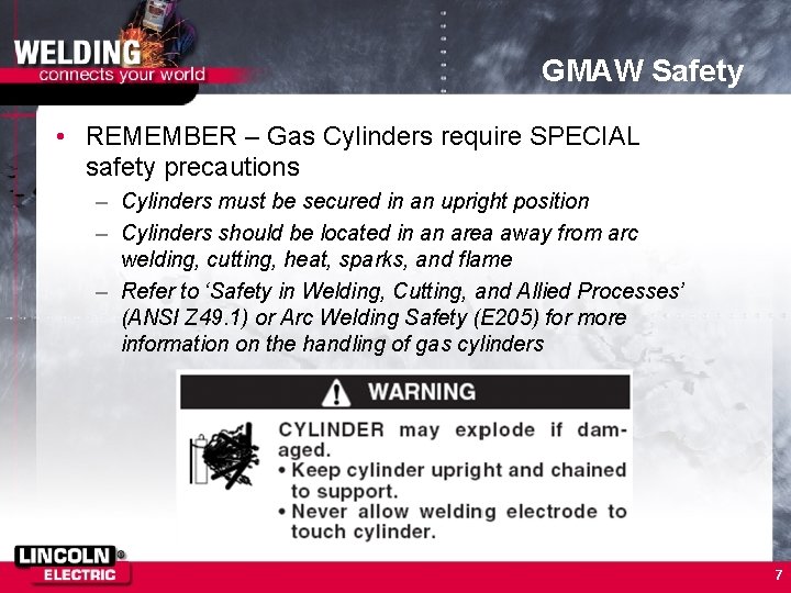 GMAW Safety • REMEMBER – Gas Cylinders require SPECIAL safety precautions – Cylinders must