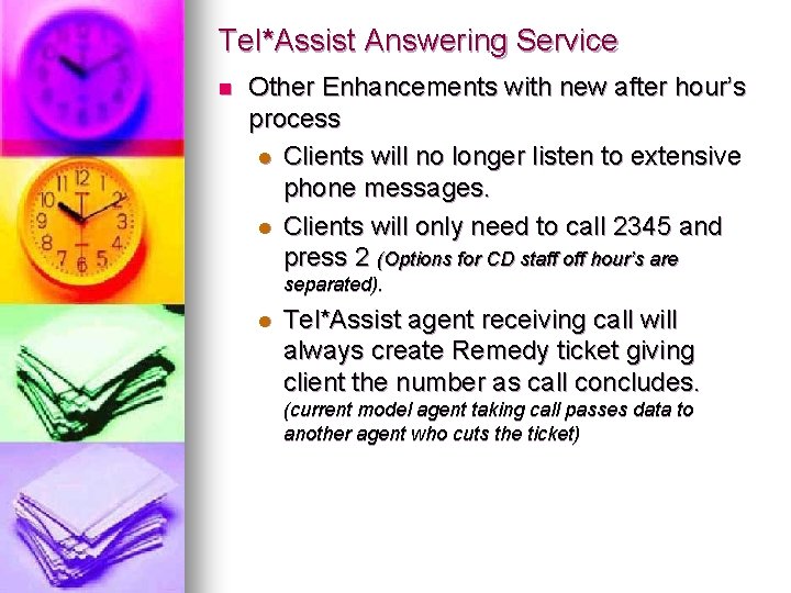 Tel*Assist Answering Service n Other Enhancements with new after hour’s process l Clients will