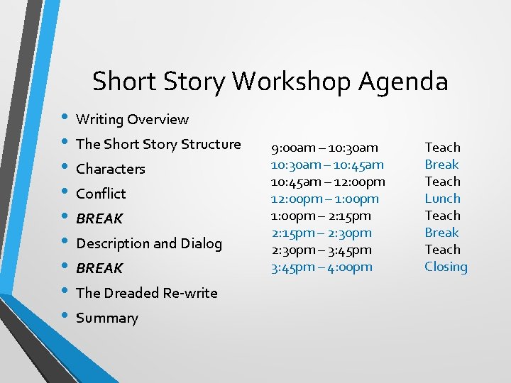 Short Story Workshop Agenda • • • Writing Overview The Short Story Structure Characters