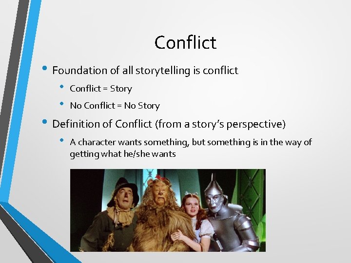 Conflict • Foundation of all storytelling is conflict • • Conflict = Story No