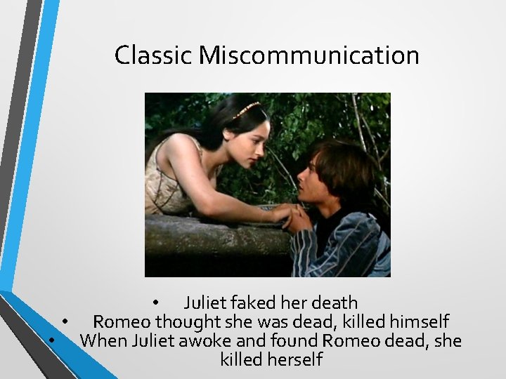 Classic Miscommunication • Juliet faked her death • Romeo thought she was dead, killed