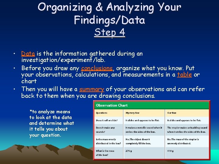 Organizing & Analyzing Your Findings/Data Step 4 • Data is the information gathered during