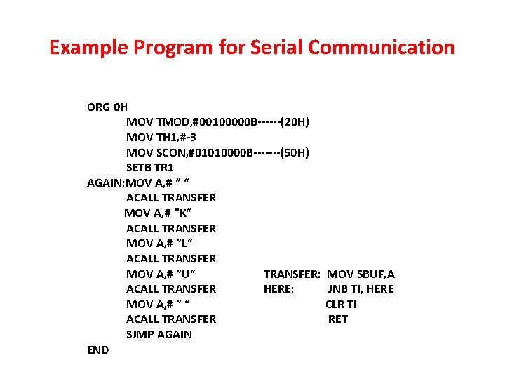 Example Program for Serial Communication ORG 0 H MOV TMOD, #00100000 B------(20 H) MOV