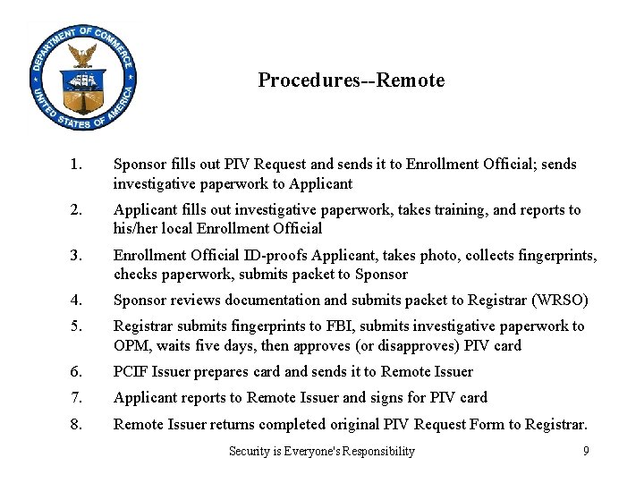 Procedures--Remote 1. Sponsor fills out PIV Request and sends it to Enrollment Official; sends