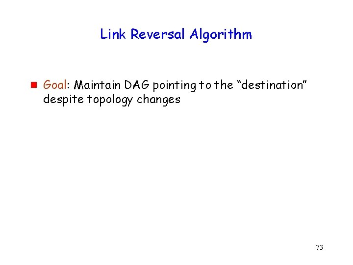 Link Reversal Algorithm g Goal: Maintain DAG pointing to the “destination” despite topology changes