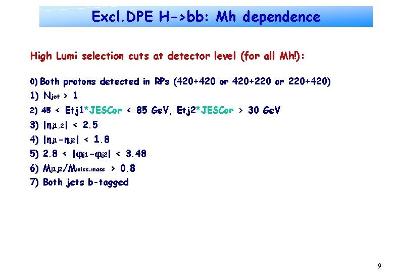 Excl. DPE H->bb: Mh dependence High Lumi selection cuts at detector level (for all