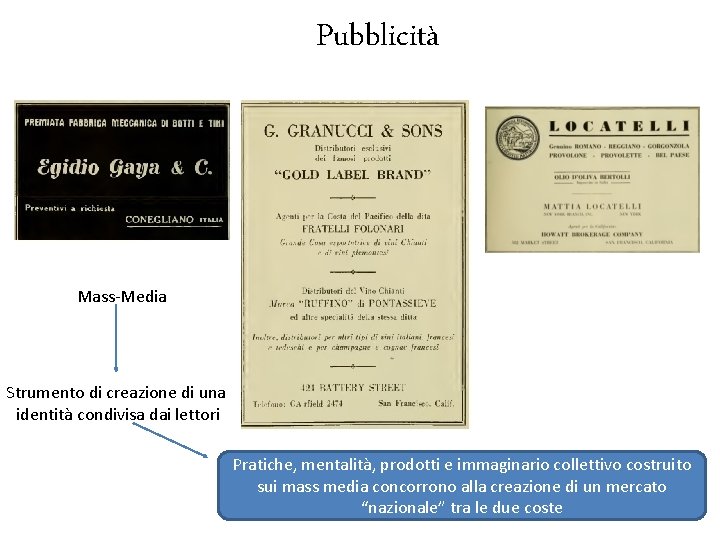 Pubblicità Mass-Media Strumento di creazione di una identità condivisa dai lettori Pratiche, mentalità, prodotti