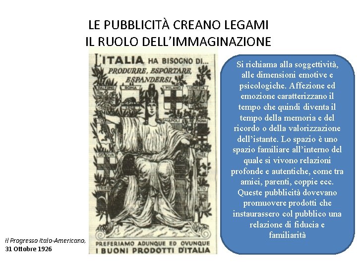 LE PUBBLICITÀ CREANO LEGAMI IL RUOLO DELL’IMMAGINAZIONE Il Progresso Italo-Americano, 31 Ottobre 1926 Si