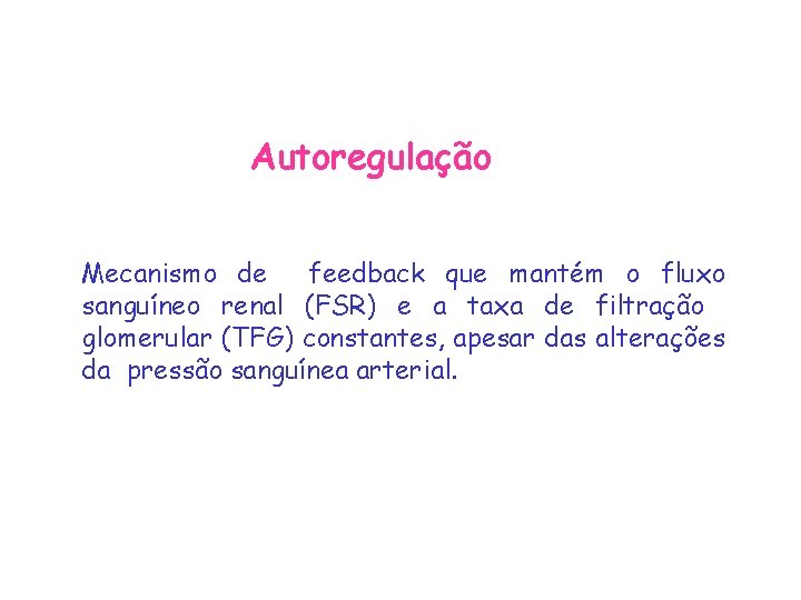 Autoregulação Mecanismo de feedback que mantém o fluxo sanguíneo renal (FSR) e a taxa