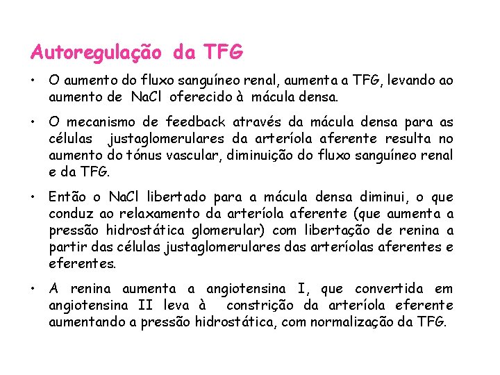 Autoregulação da TFG • O aumento do fluxo sanguíneo renal, aumenta a TFG, levando