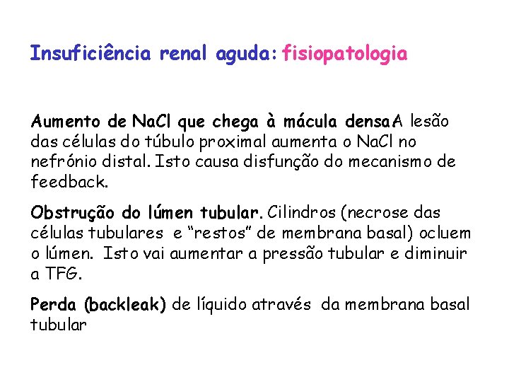 Insuficiência renal aguda: fisiopatologia Aumento de Na. Cl que chega à mácula densa. A