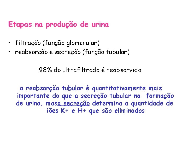 Etapas na produção de urina • filtração (função glomerular) • reabsorção e secreção (função