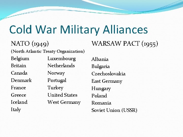 Cold War Military Alliances NATO (1949) WARSAW PACT (1955) (North Atlantic Treaty Organization) Belgium