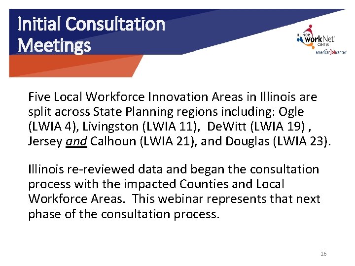 Initial Consultation Meetings Five Local Workforce Innovation Areas in Illinois are split across State