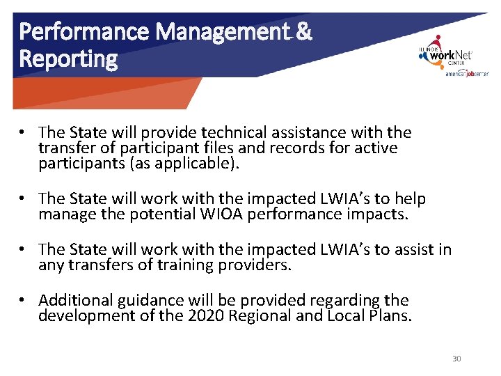 Performance Management & Reporting • The State will provide technical assistance with the transfer