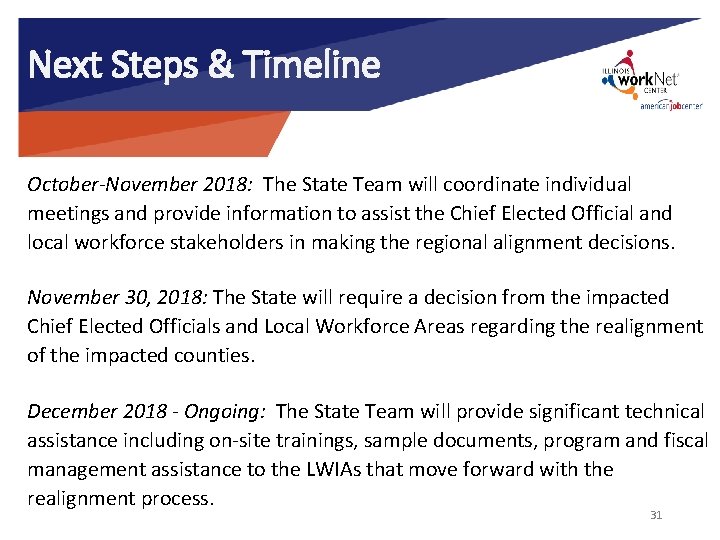 Next Steps & Timeline October-November 2018: The State Team will coordinate individual meetings and