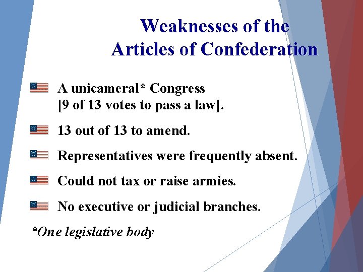 Weaknesses of the Articles of Confederation A unicameral* Congress [9 of 13 votes to