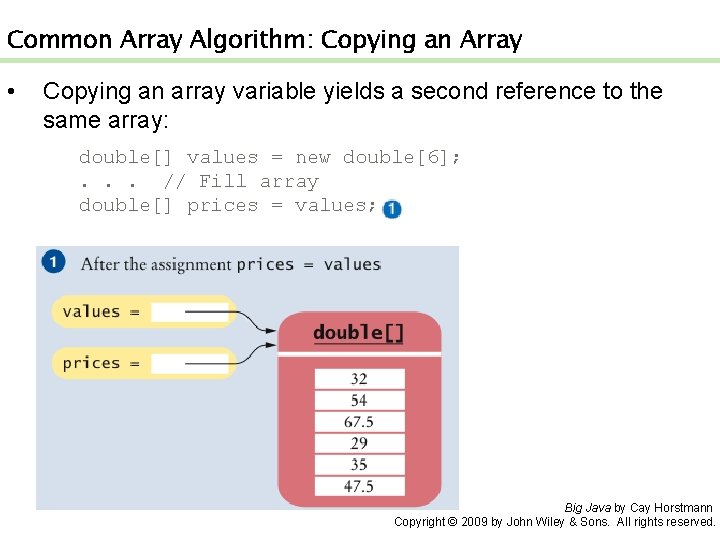 Common Array Algorithm: Copying an Array • Copying an array variable yields a second