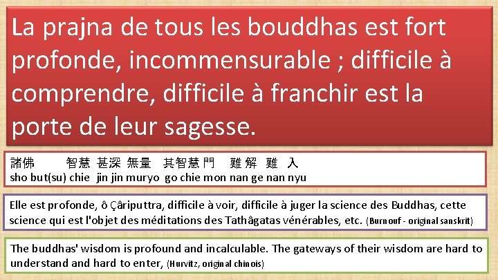 La prajna de tous les bouddhas est fort profonde, incommensurable ; difficile à comprendre,