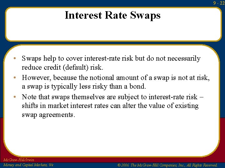 9 - 22 Interest Rate Swaps • Swaps help to cover interest-rate risk but