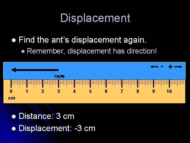 Displacement l Find the ant’s displacement again. l Remember, displacement has direction! - +