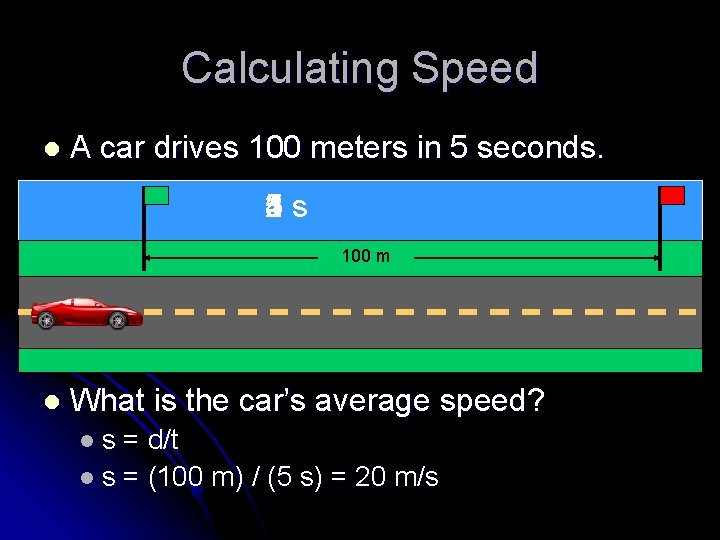 Calculating Speed l A car drives 100 meters in 5 seconds. 1 s 2