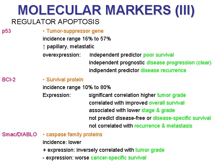 MOLECULAR MARKERS (III) REGULATOR APOPTOSIS p 53 • Tumor-suppressor gene incidence range 16% to