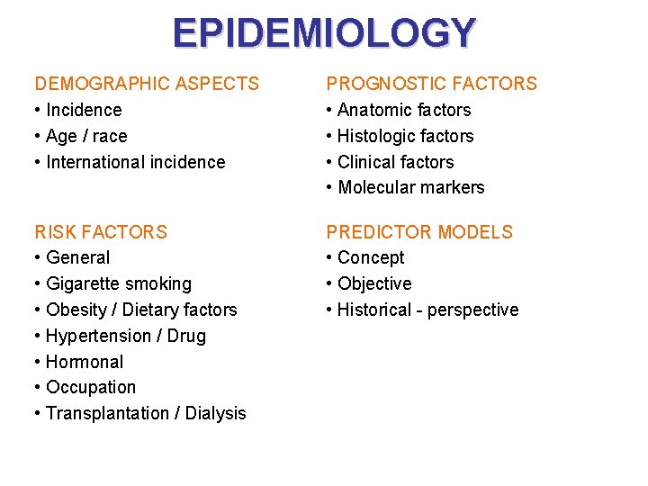 EPIDEMIOLOGY DEMOGRAPHIC ASPECTS • Incidence • Age / race • International incidence PROGNOSTIC FACTORS