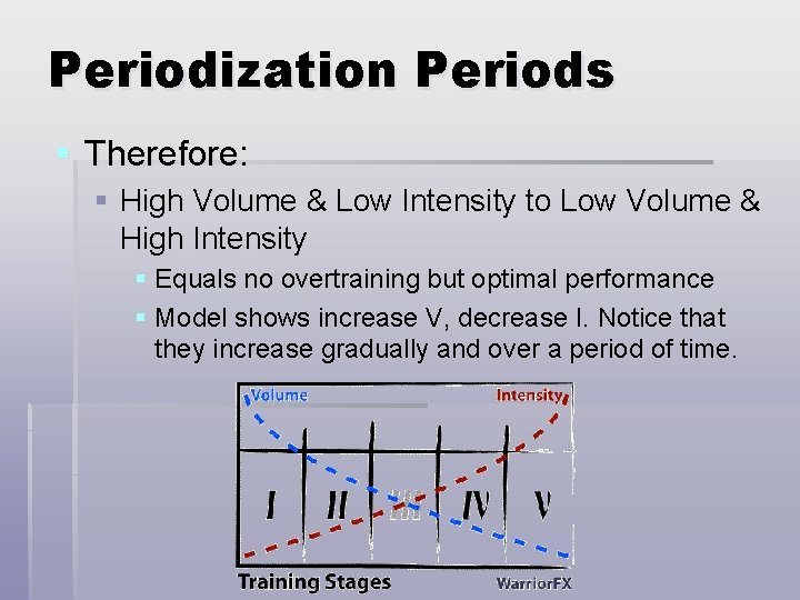 Periodization Periods § Therefore: § High Volume & Low Intensity to Low Volume &