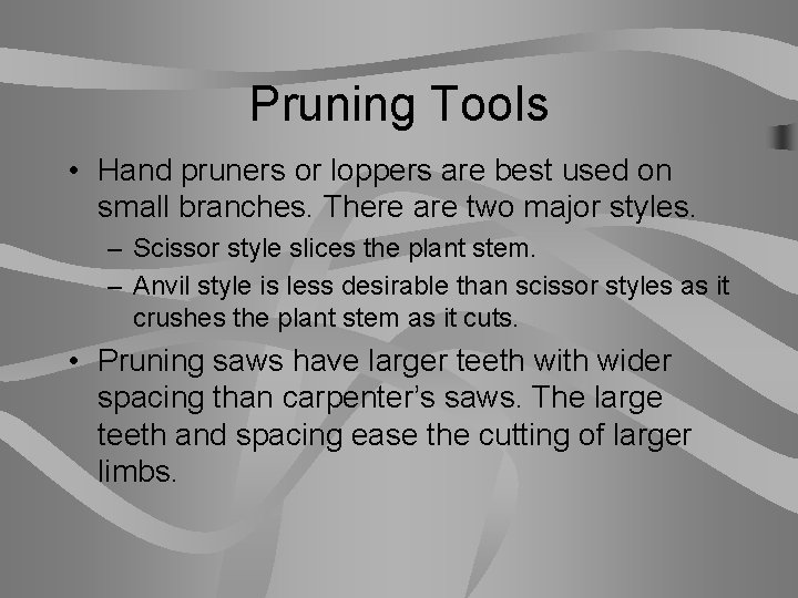 Pruning Tools • Hand pruners or loppers are best used on small branches. There